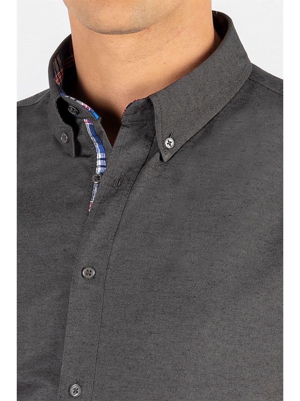 Erkek Slim Fit Dar Kesim Kısa Kollu Pamuklu Oxford Doku Kolay Ütülenebilir Gri Düğmeli Yaka Gömlek-2