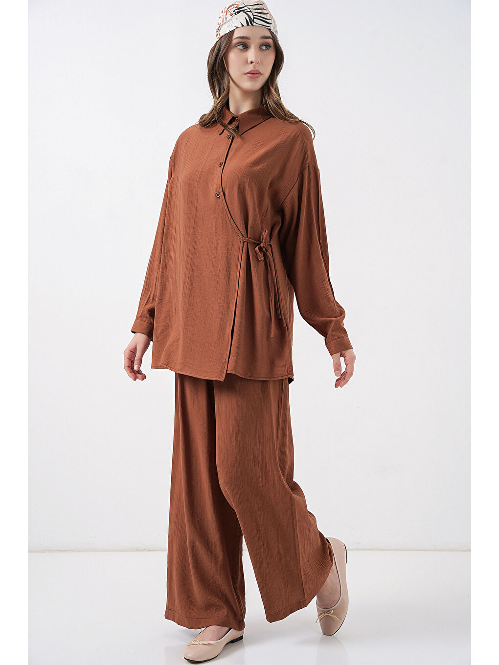 Kahverengi Kadın Bağcıklı Tunik Pantolon İkili Takım 6752 - Taba-2