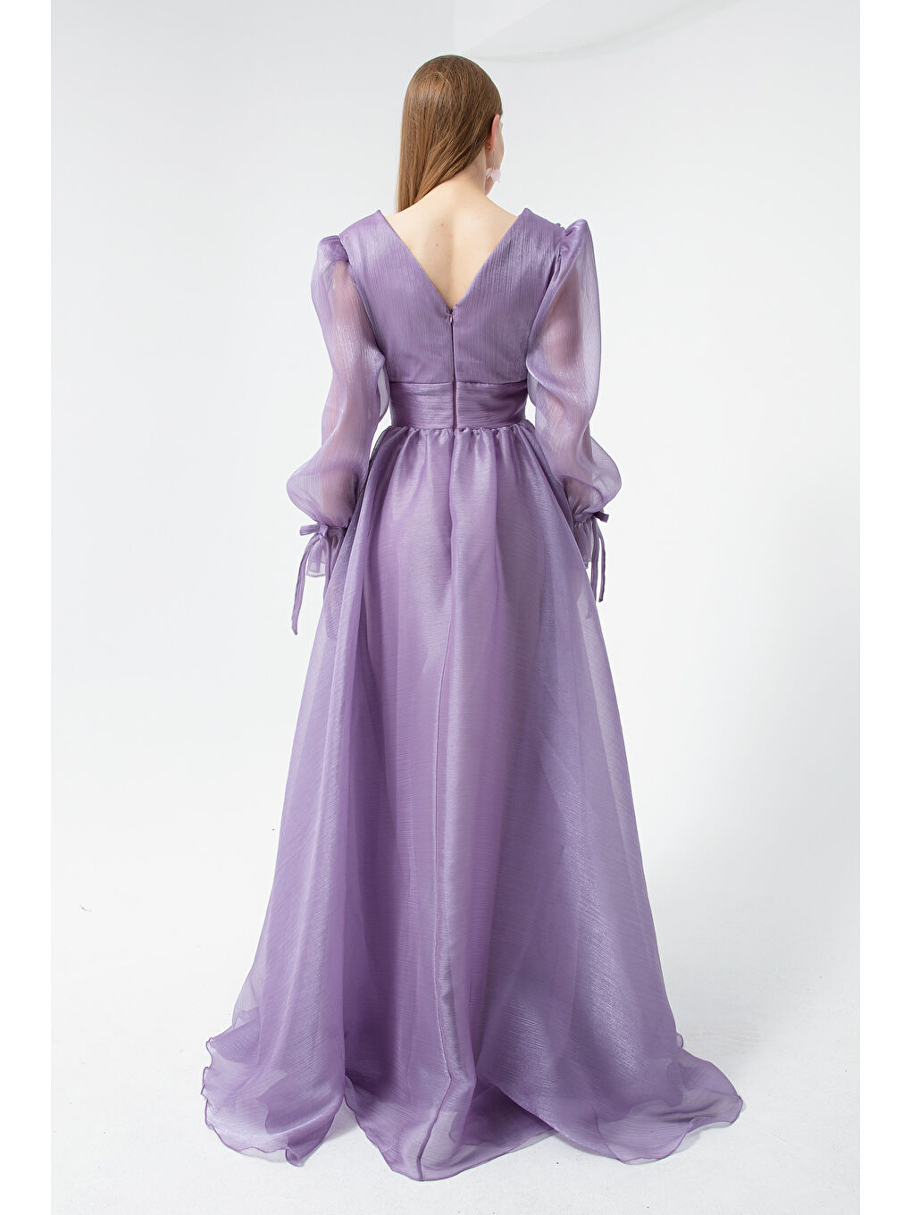 Kadın Lila Balon Kol V Yaka Uzun Abiye Elbise-4