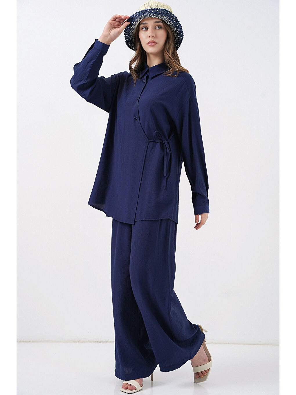 Kadın Bağcıklı Tunik Pantolon İkili Takım 6752 - Lacivert-1