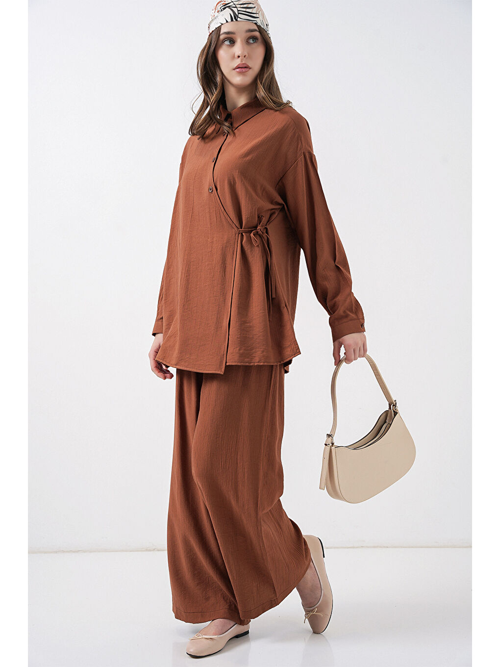 Kahverengi Kadın Bağcıklı Tunik Pantolon İkili Takım 6752 - Taba-3