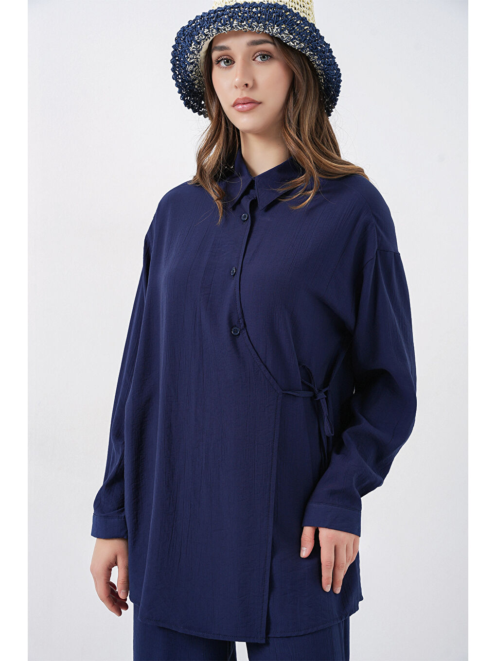 Kadın Bağcıklı Tunik Pantolon İkili Takım 6752 - Lacivert-2