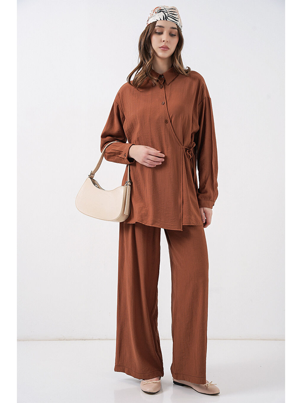 Kahverengi Kadın Bağcıklı Tunik Pantolon İkili Takım 6752 - Taba-4