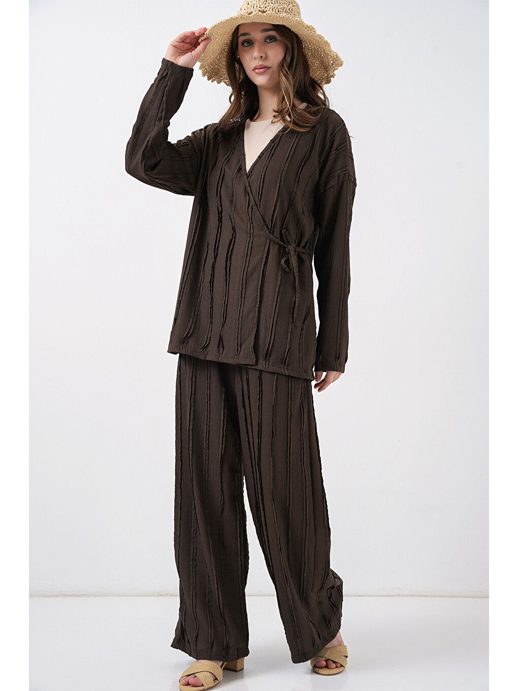 Kadın Örme Kimono Pantolon İkili Takım 30067 - Kahverengi
