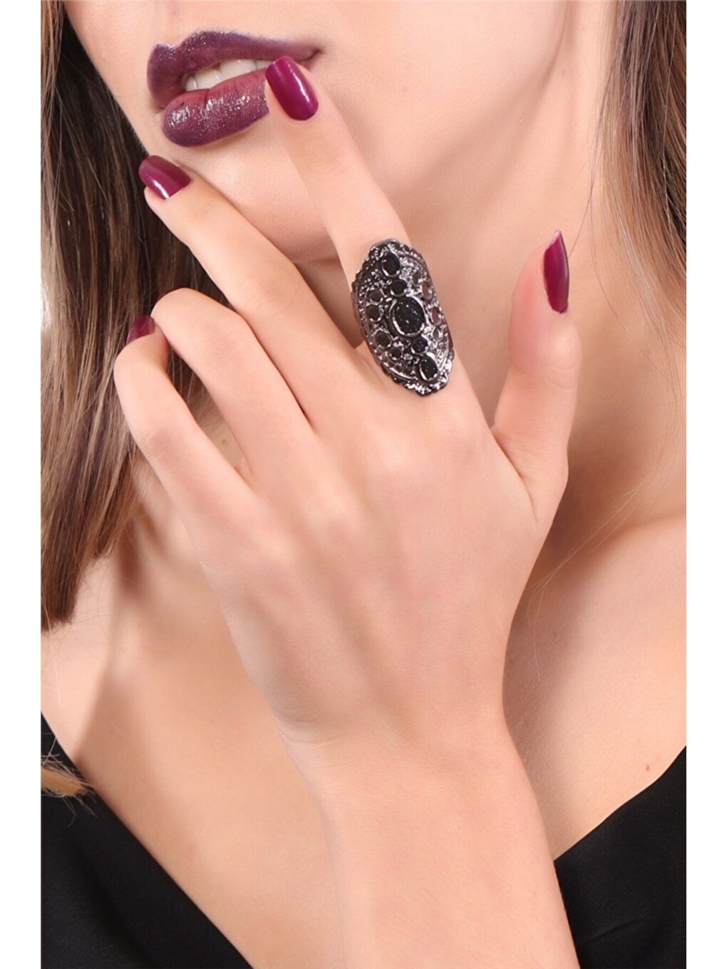 Kadın Antrasit Lak Kaplama Ayarlanabilir Bohem Yüzük-1