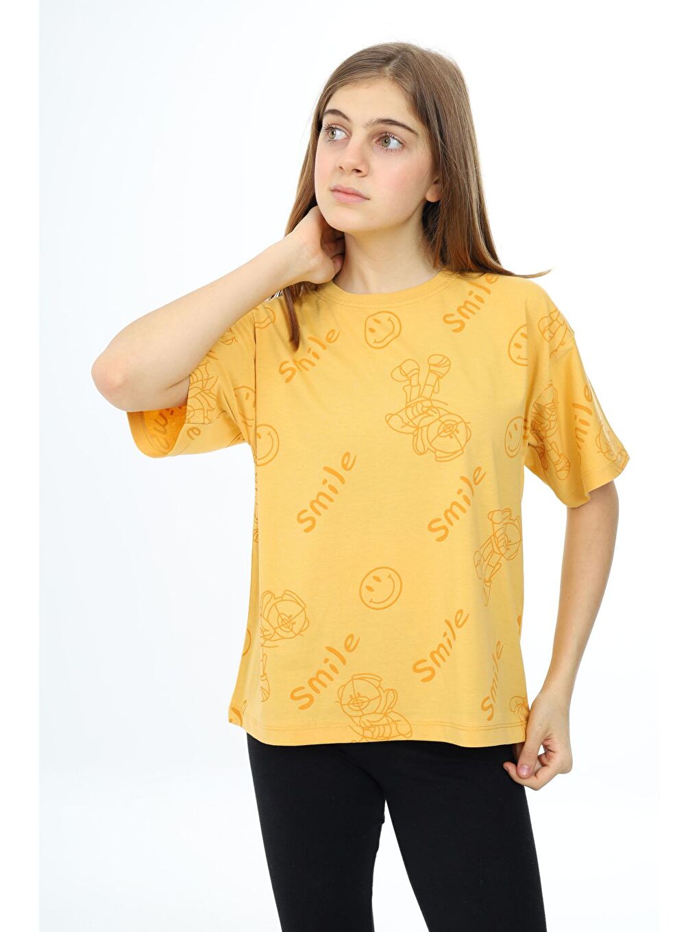Sarı Hardal Smile Baskılı Bisiklet Yaka Kız Çocuk T-shirt 17767