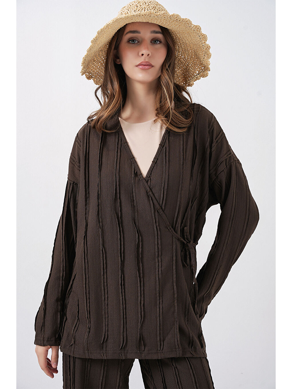 Kadın Örme Kimono Pantolon İkili Takım 30067 - Kahverengi-1