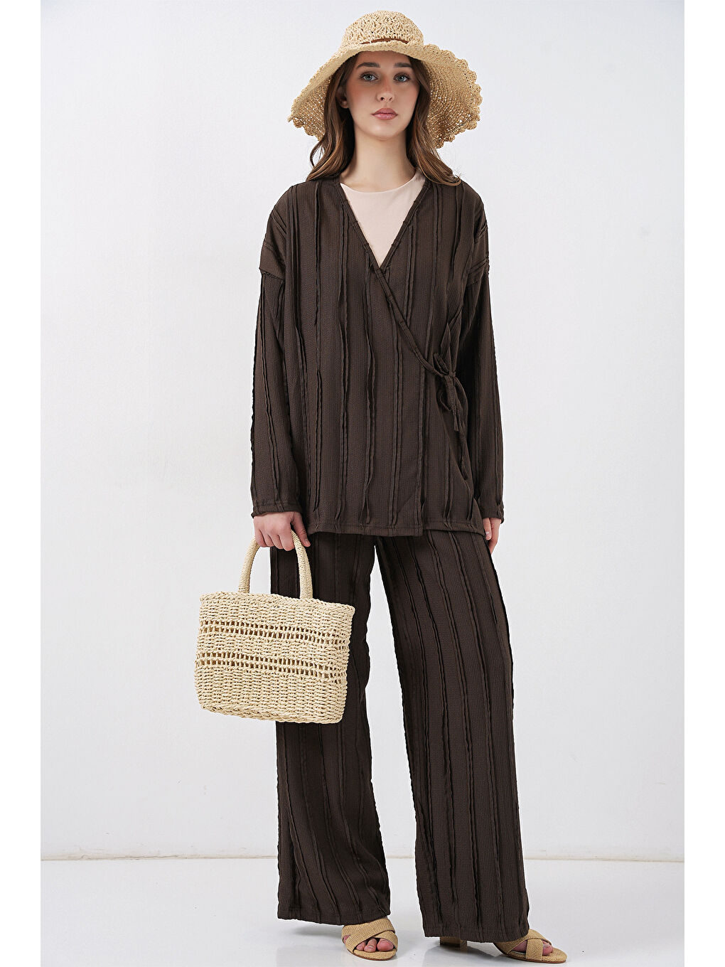 Kadın Örme Kimono Pantolon İkili Takım 30067 - Kahverengi-2