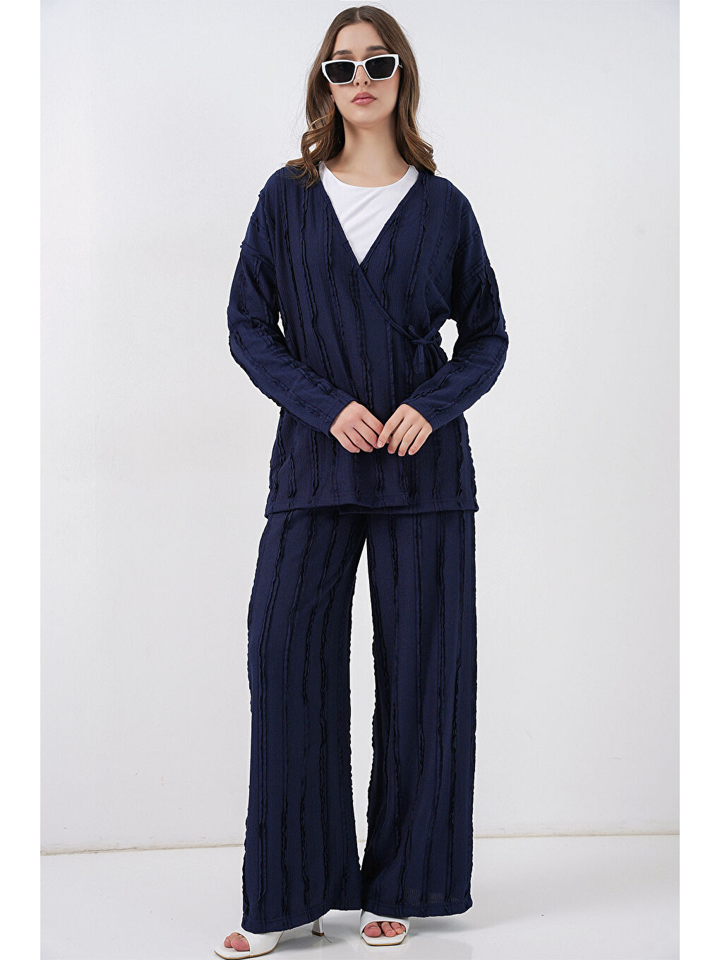 Kadın Örme Kimono Pantolon İkili Takım 30067 - Lacivert