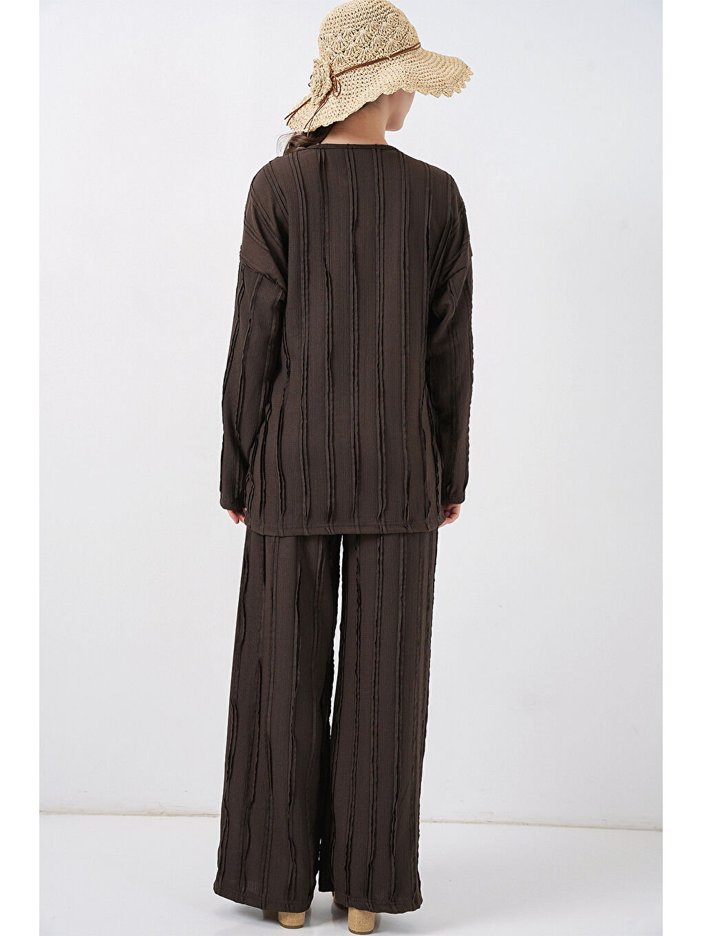 Kadın Örme Kimono Pantolon İkili Takım 30067 - Kahverengi-4