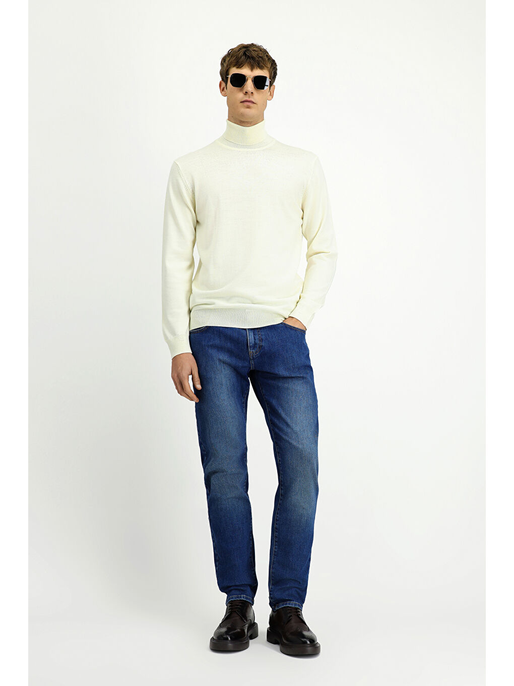 Ekru Balıkçı Yaka Regular Fit Yünlü Triko Kazak-3