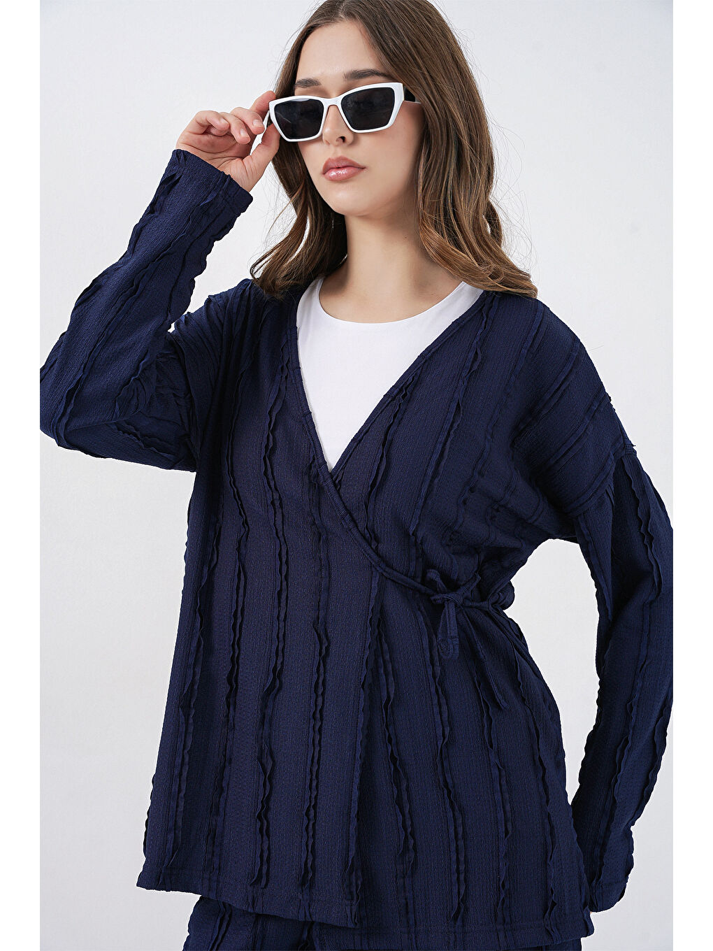 Kadın Örme Kimono Pantolon İkili Takım 30067 - Lacivert-1