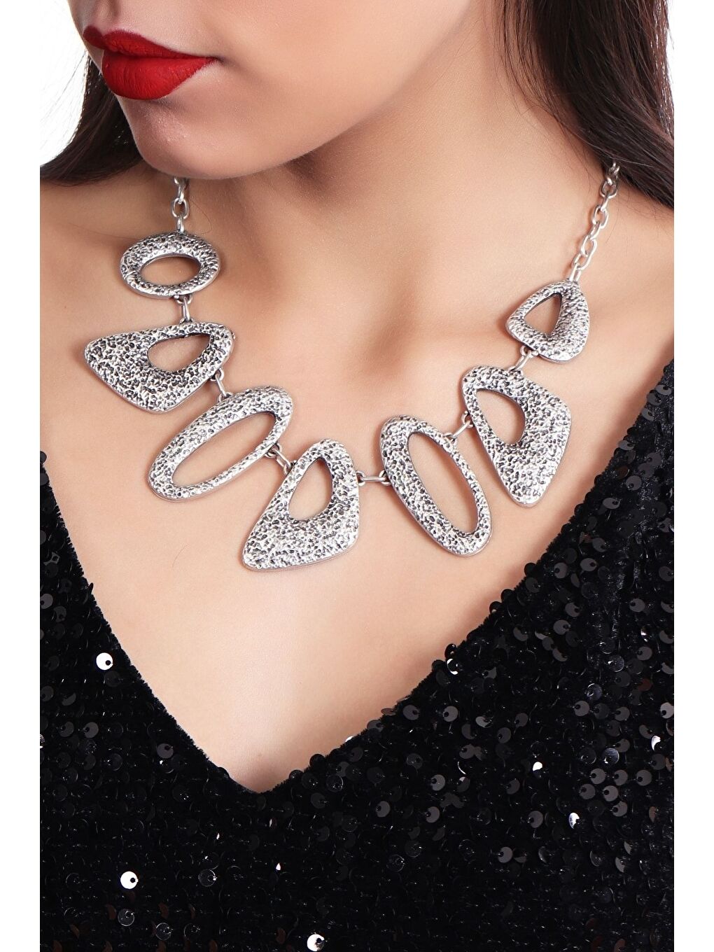 Gri Kadın Antik Gümüş Kaplama Bohem Kolye-2