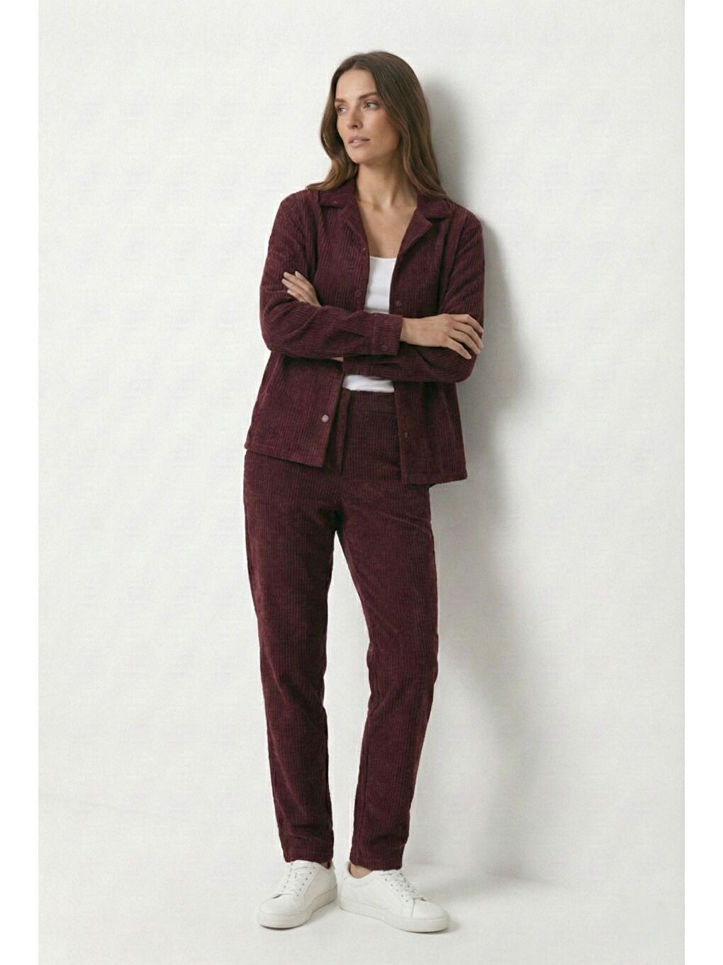 Bordo Kadın Premium Fitilli Kumaş Gömlek Pantolon Takımı