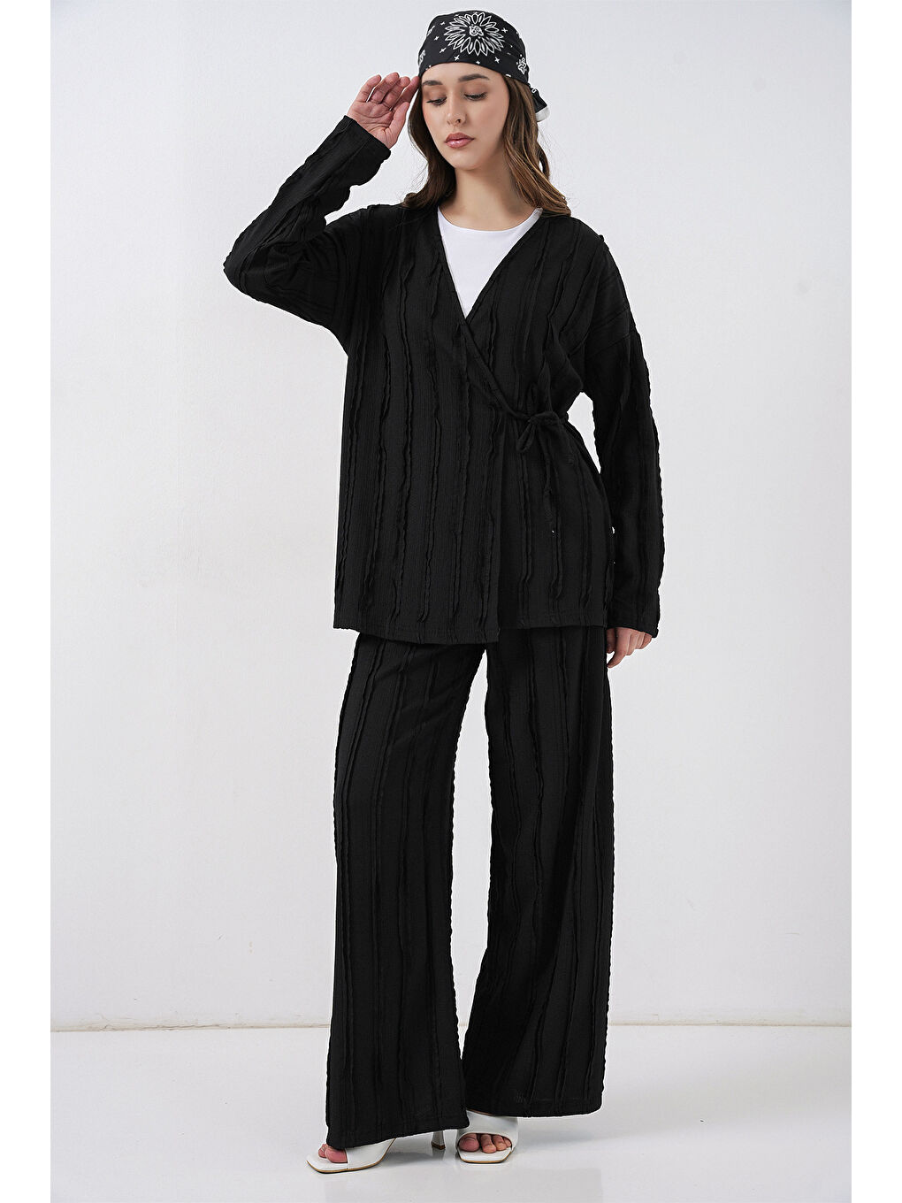 Kadın Örme Kimono Pantolon İkili Takım 30067 - Siyah