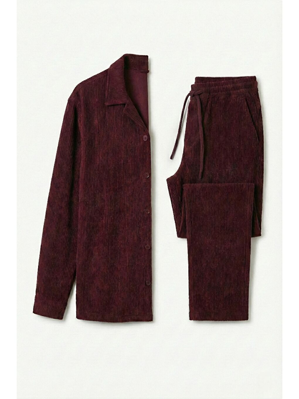 Bordo Kadın Premium Fitilli Kumaş Gömlek Pantolon Takımı-1