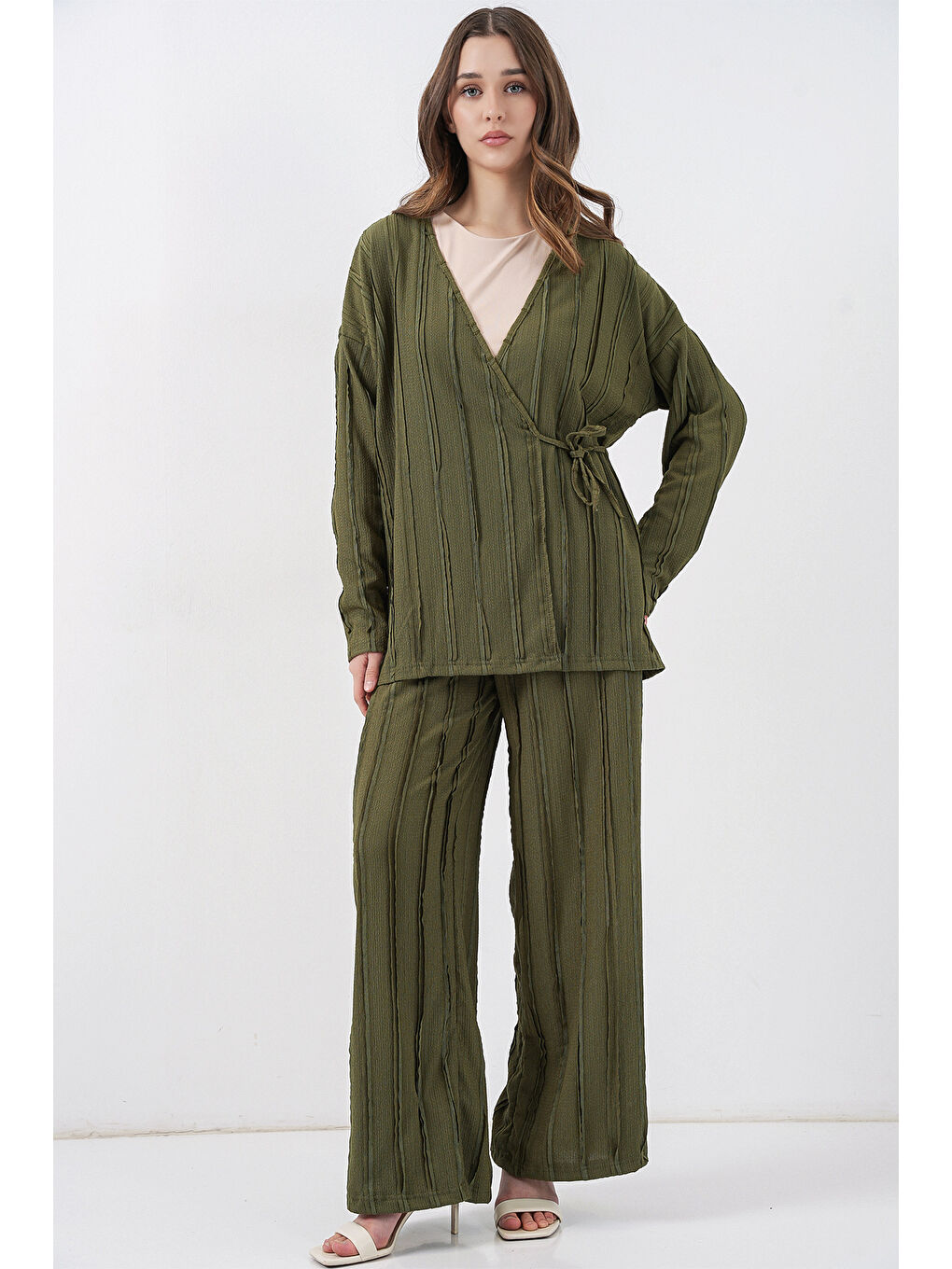 Kadın Örme Kimono Pantolon İkili Takım 30067 - Haki