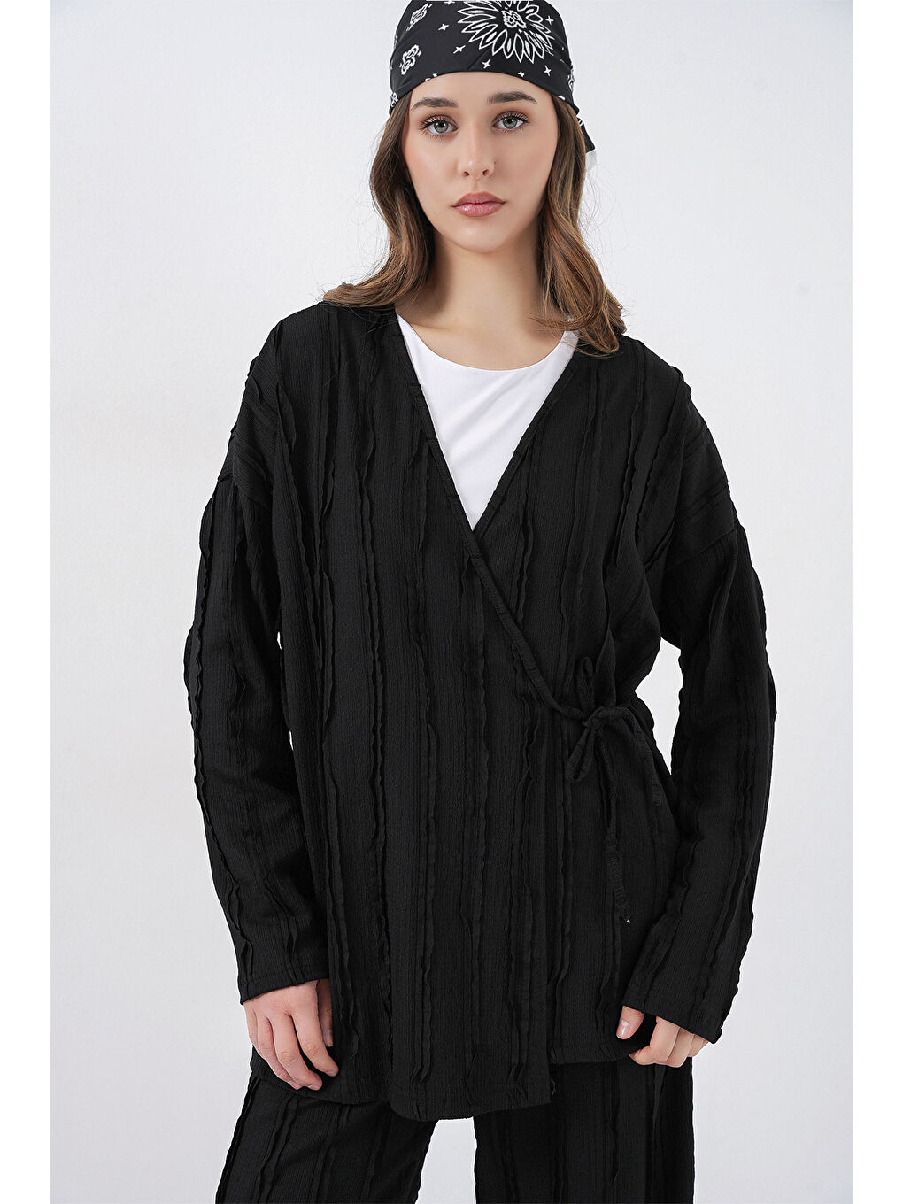 Kadın Örme Kimono Pantolon İkili Takım 30067 - Siyah-1