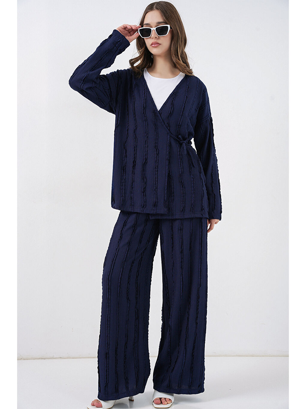 Kadın Örme Kimono Pantolon İkili Takım 30067 - Lacivert-3