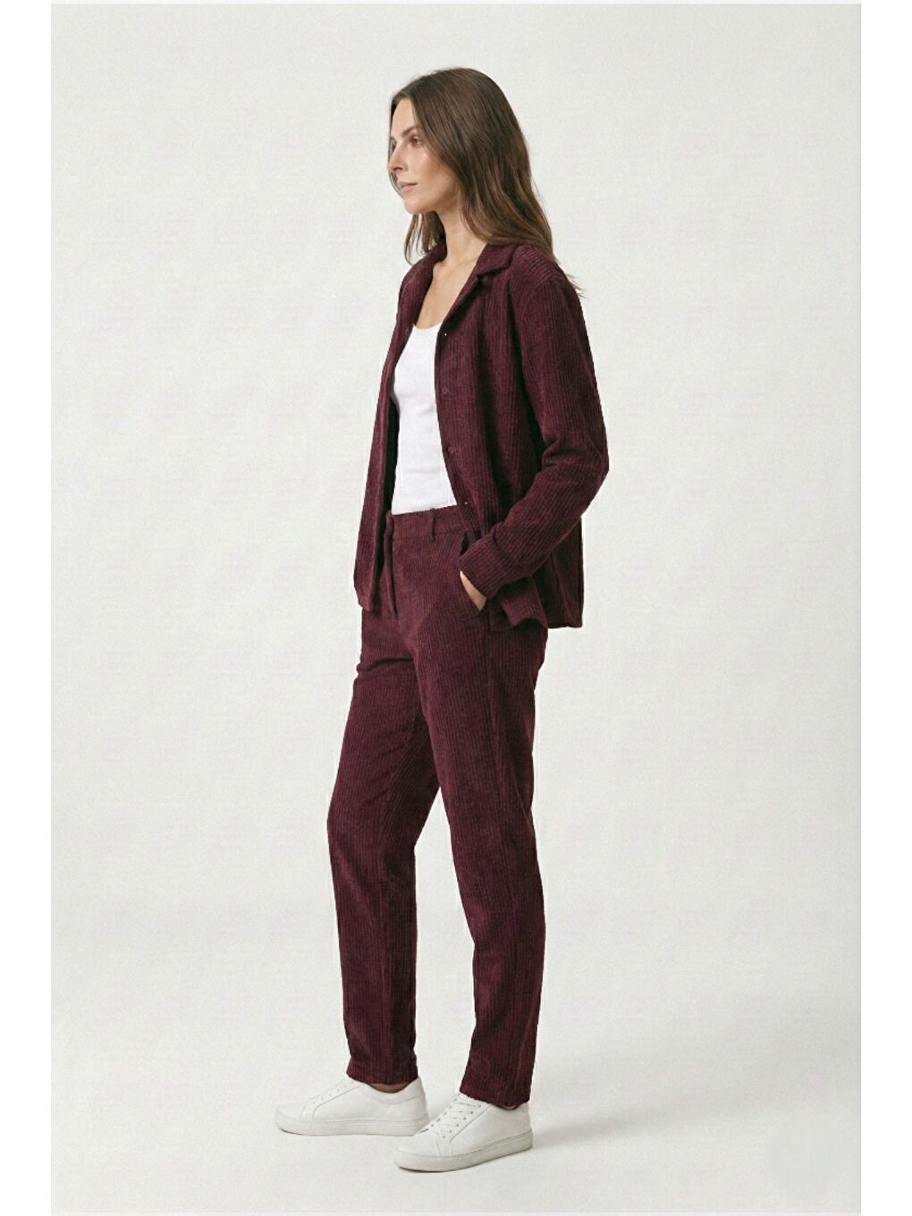 Bordo Kadın Premium Fitilli Kumaş Gömlek Pantolon Takımı-2