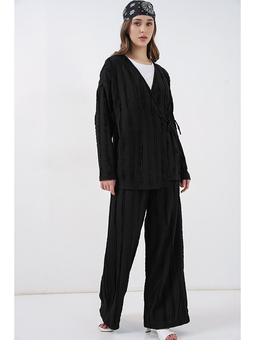 Kadın Örme Kimono Pantolon İkili Takım 30067 - Siyah-2