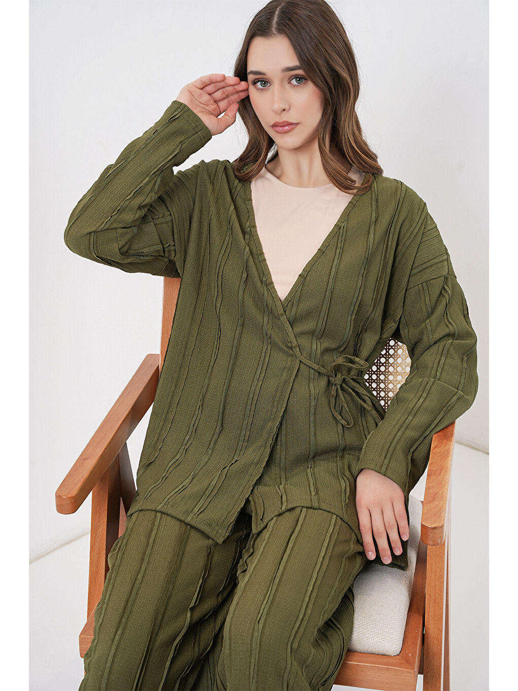 Kadın Örme Kimono Pantolon İkili Takım 30067 - Haki-1