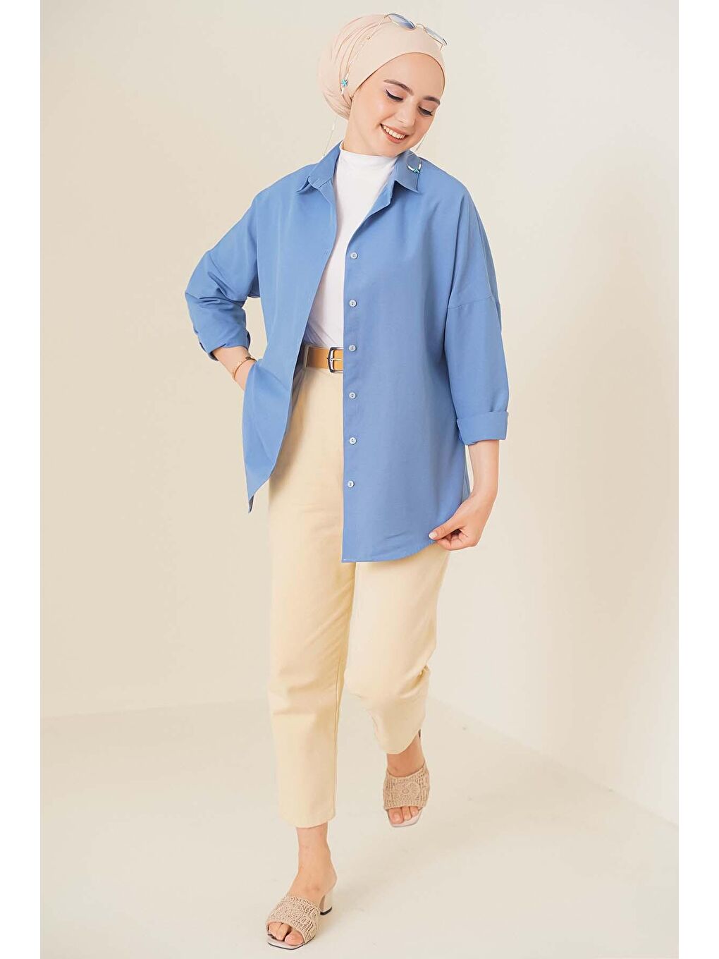 103901 Oversize Basic Tesettür Gömlek - İndigo-1