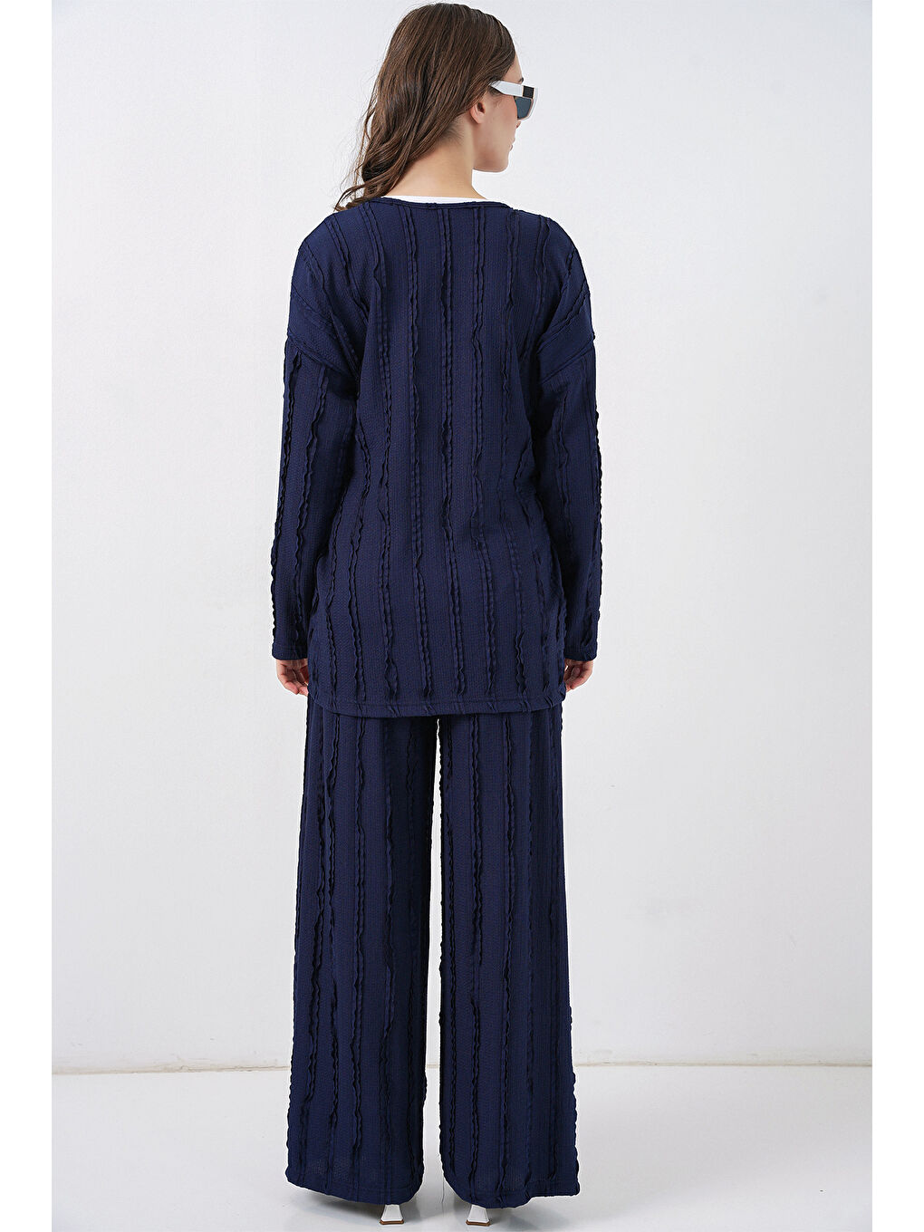 Kadın Örme Kimono Pantolon İkili Takım 30067 - Lacivert-5