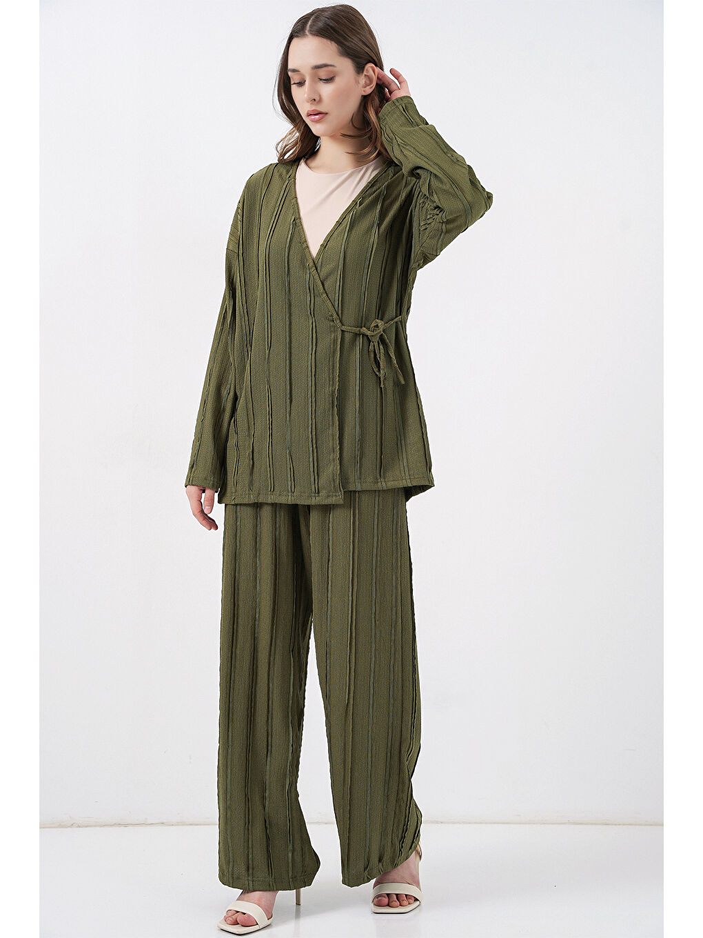 Kadın Örme Kimono Pantolon İkili Takım 30067 - Haki-2