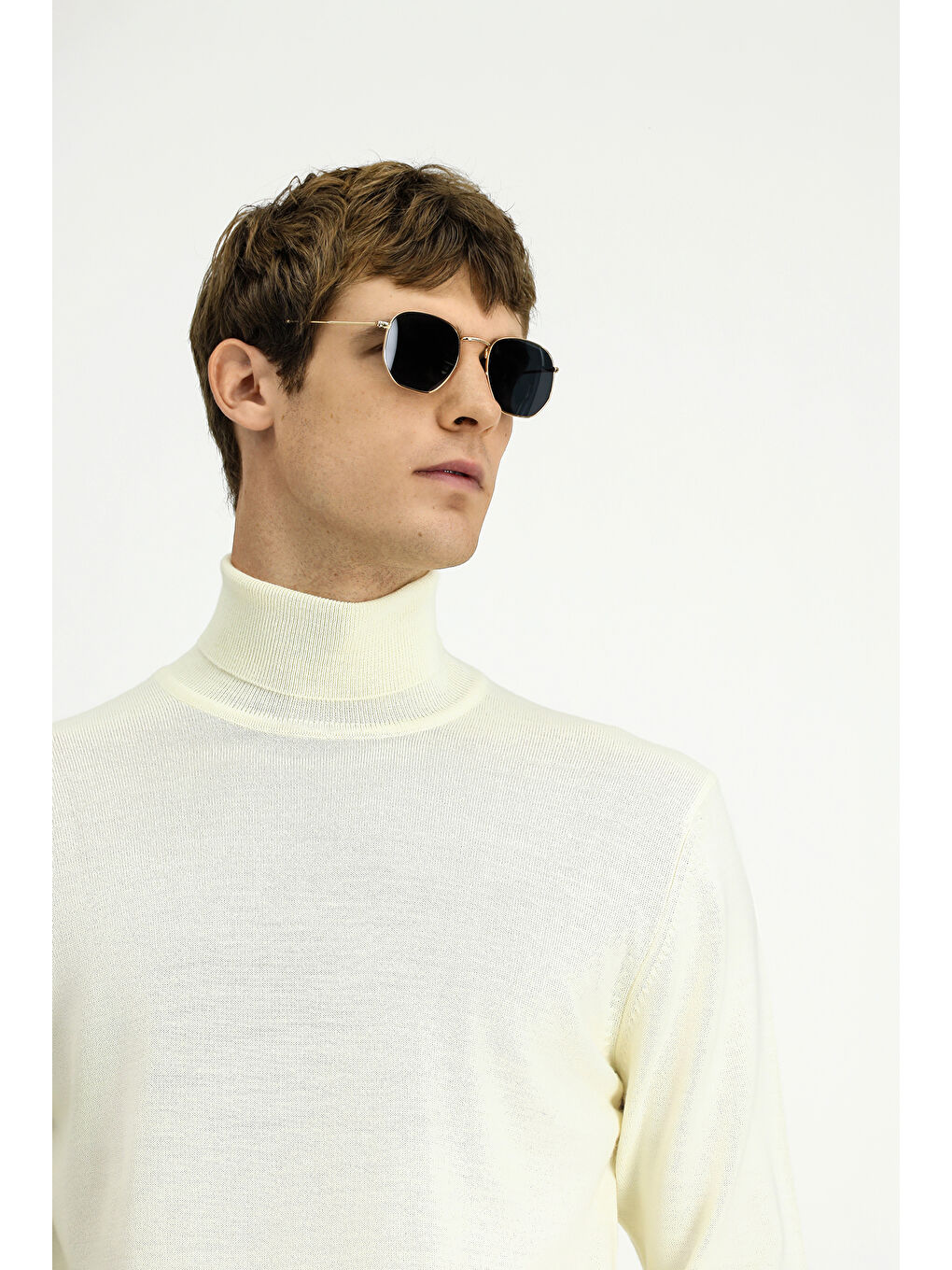 Ekru Balıkçı Yaka Regular Fit Yünlü Triko Kazak-4