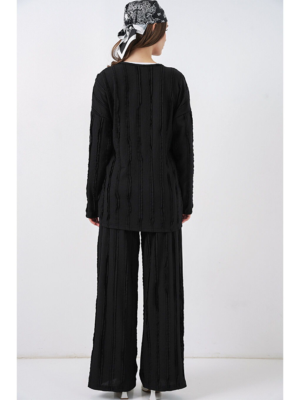 Kadın Örme Kimono Pantolon İkili Takım 30067 - Siyah-4