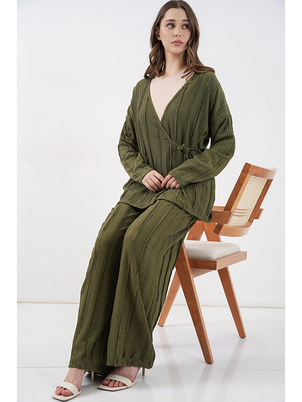 Kadın Örme Kimono Pantolon İkili Takım 30067 - Haki-3