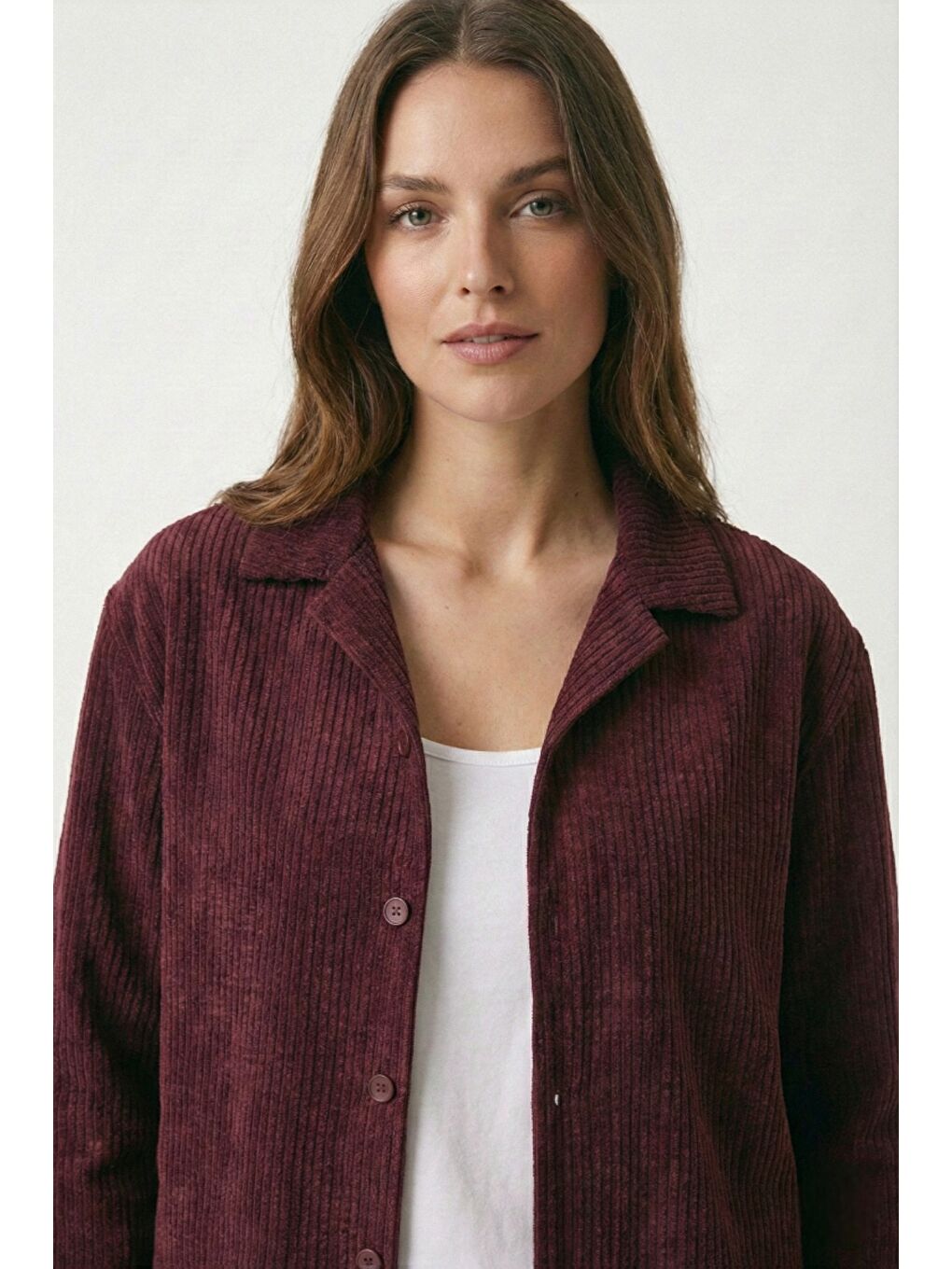 Bordo Kadın Premium Fitilli Kumaş Gömlek Pantolon Takımı-4