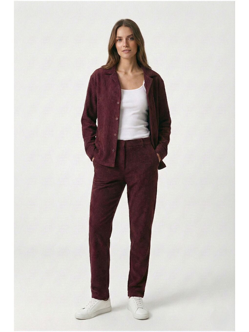 Bordo Kadın Premium Fitilli Kumaş Gömlek Pantolon Takımı-5