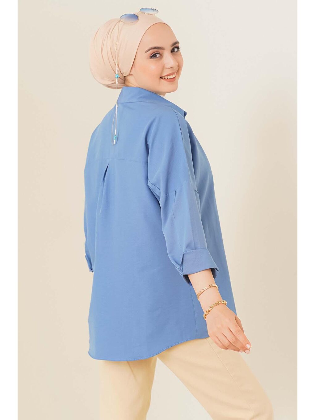 103901 Oversize Basic Tesettür Gömlek - İndigo-2