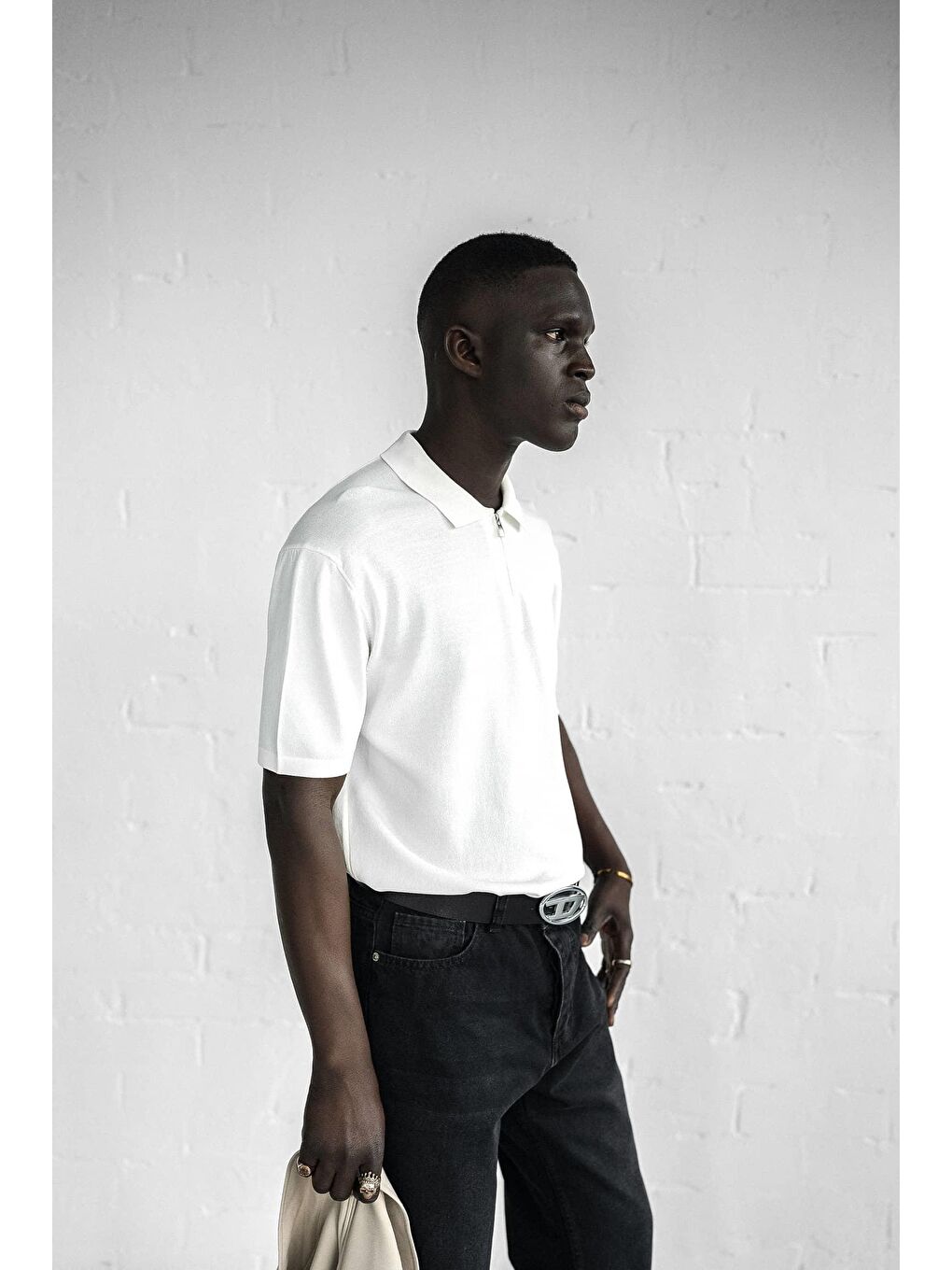 Erkek Yarım Fermuarlı Polo Yaka Tişört Beyaz-1