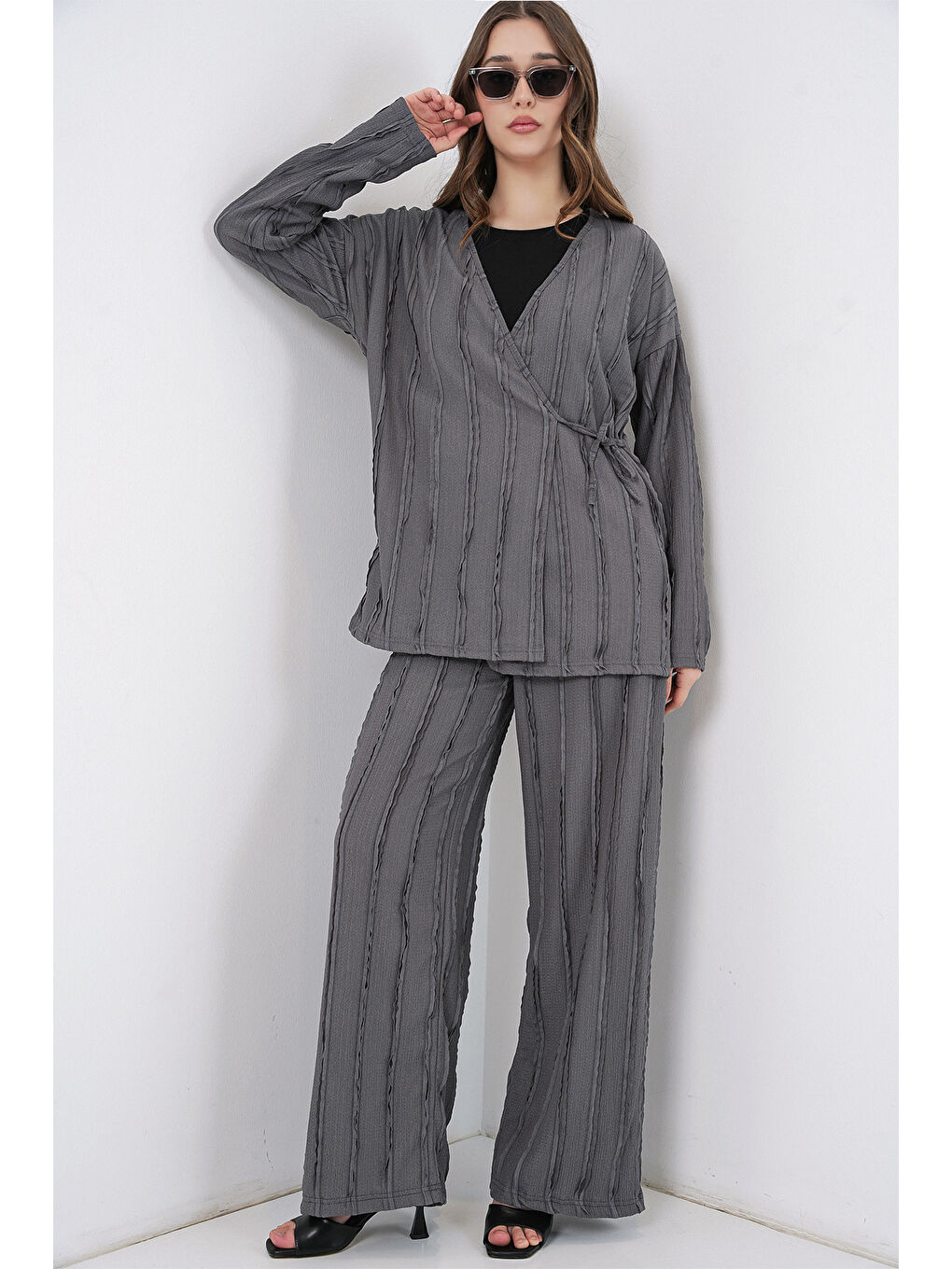 Kadın Örme Kimono Pantolon İkili Takım 30067 - Gri