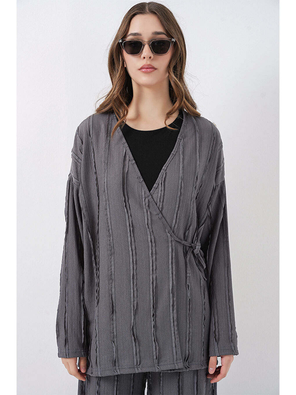 Kadın Örme Kimono Pantolon İkili Takım 30067 - Gri-1