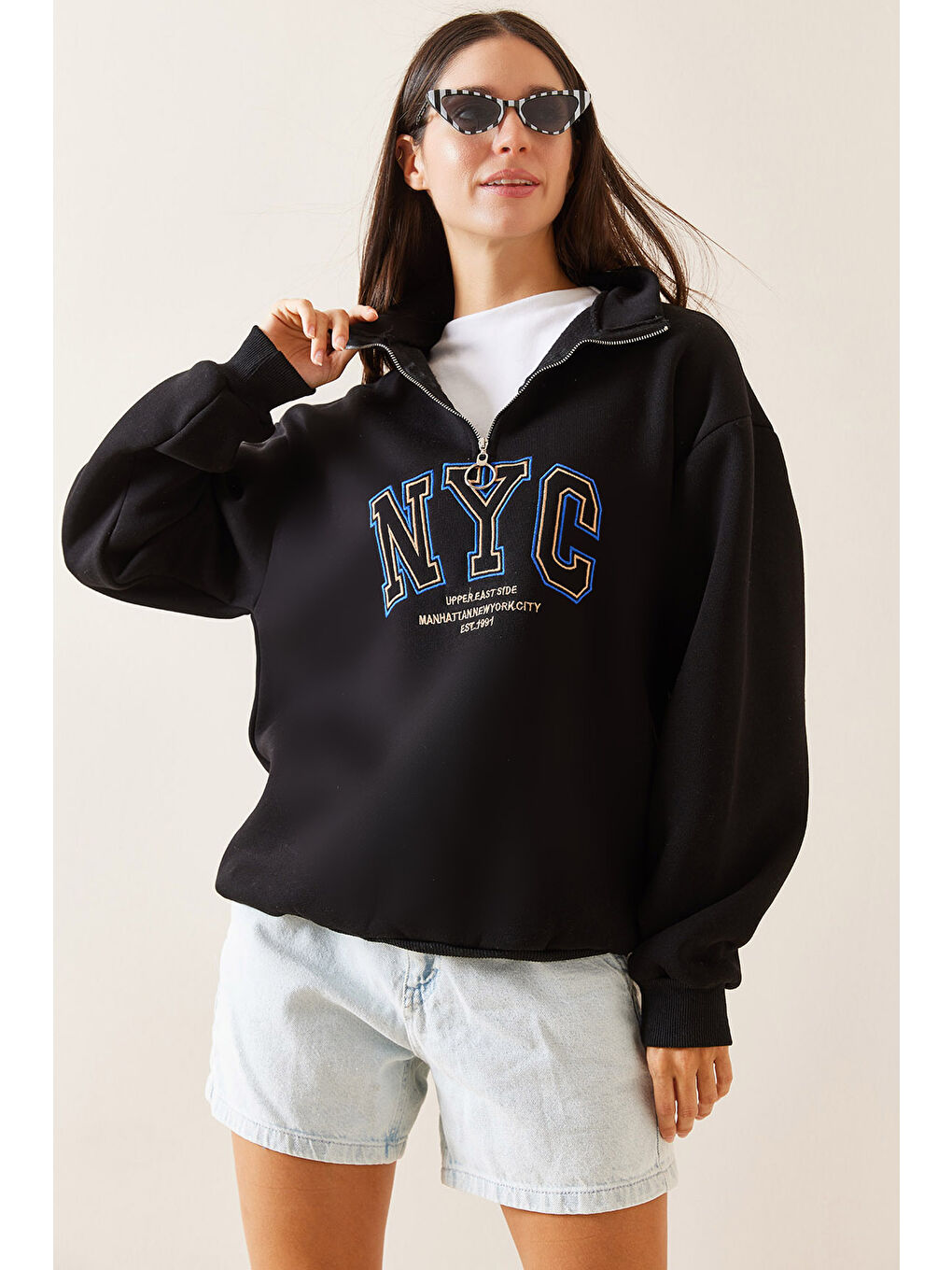 XHAN Siyah Fermuarlı Dik Yaka Sweatshirt 5YXK8-48908-02