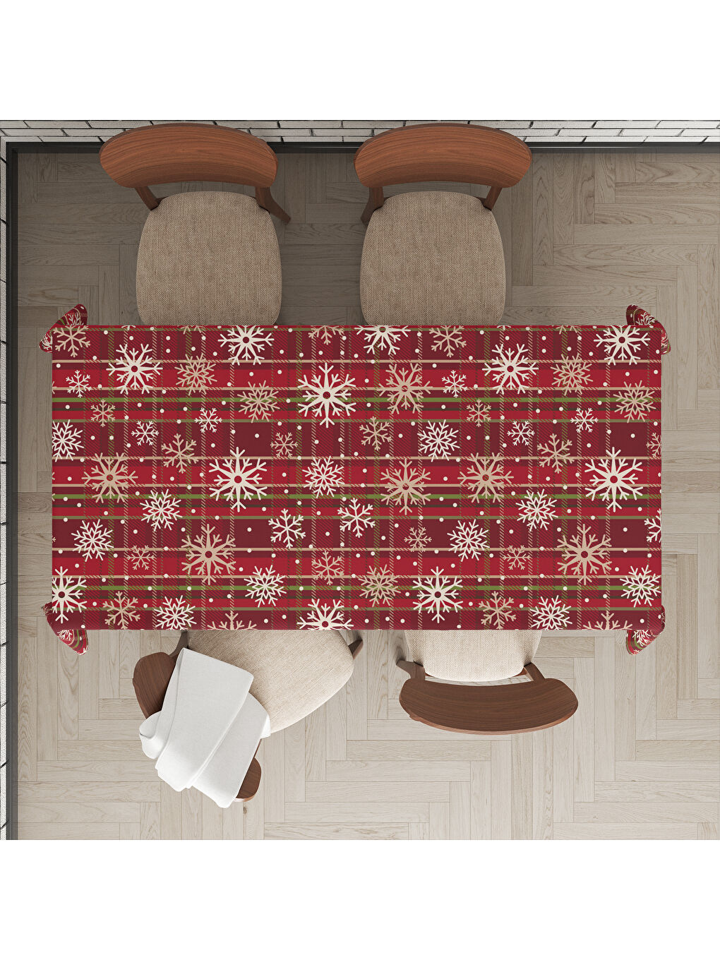 Karışık Yılbaşı Temalı Kar Tanesi Desenli Dijital Baskılı Masa Örtüsü-1