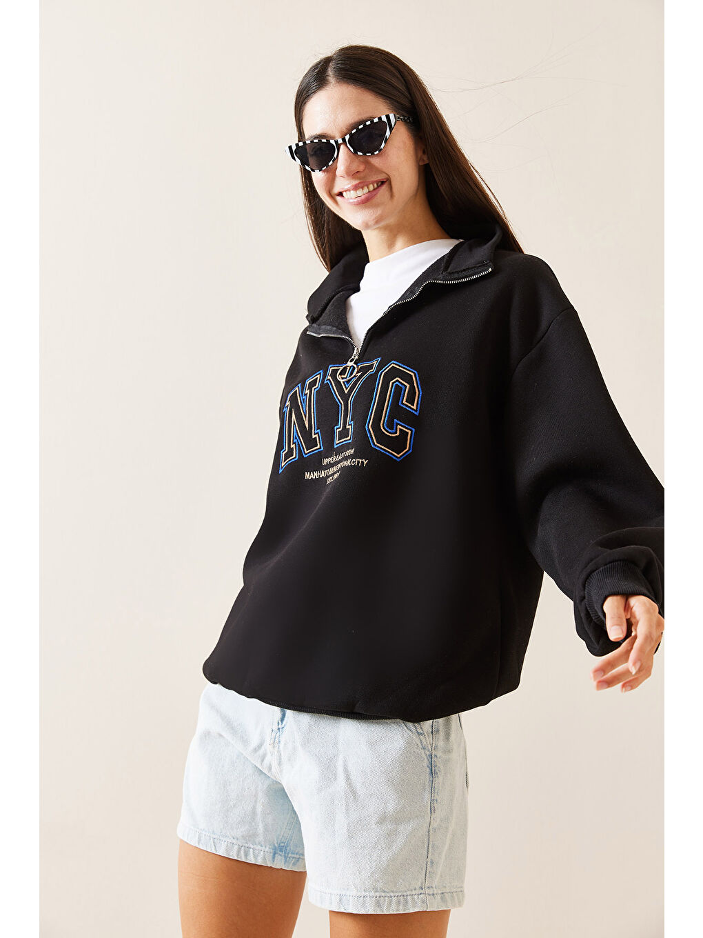 XHAN Siyah Fermuarlı Dik Yaka Sweatshirt 5YXK8-48908-02 - 1