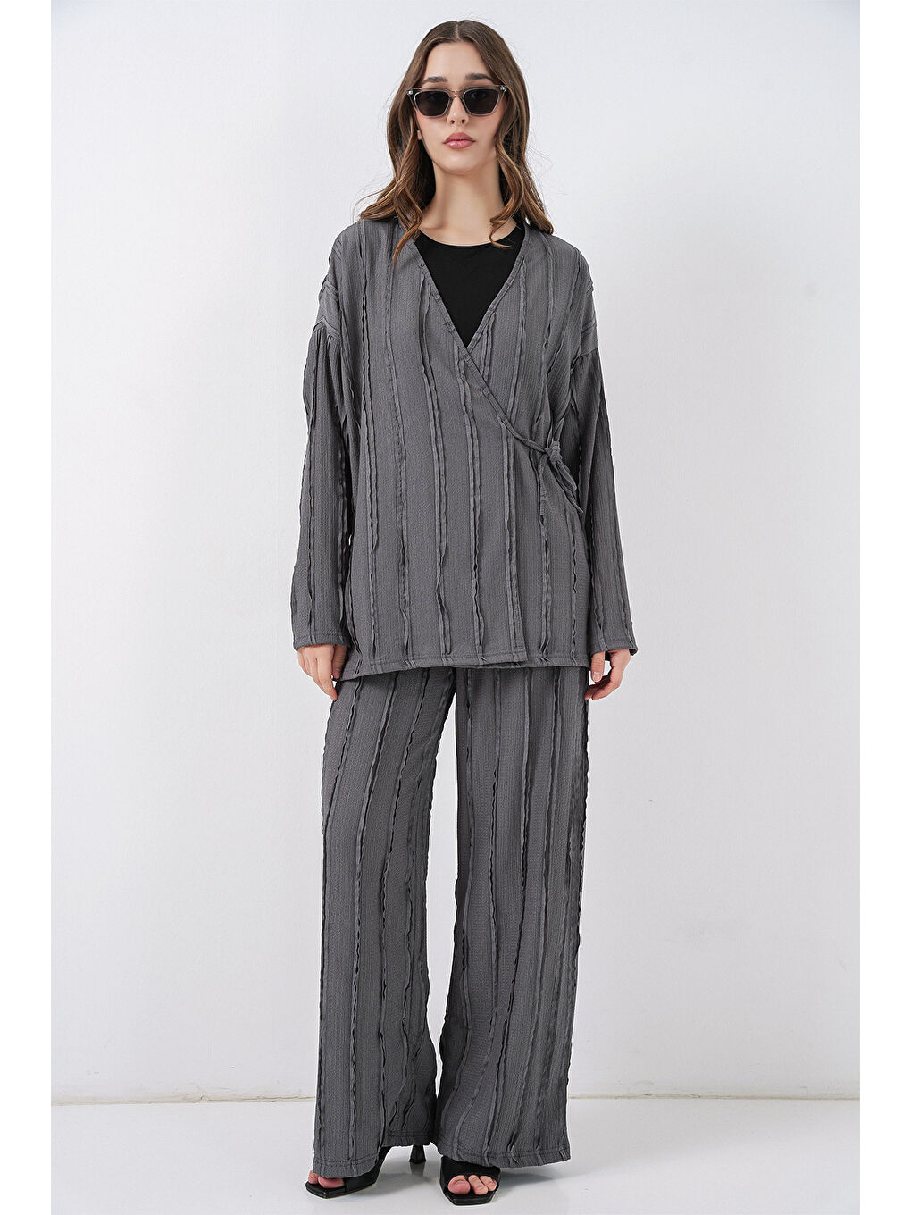 Kadın Örme Kimono Pantolon İkili Takım 30067 - Gri-3