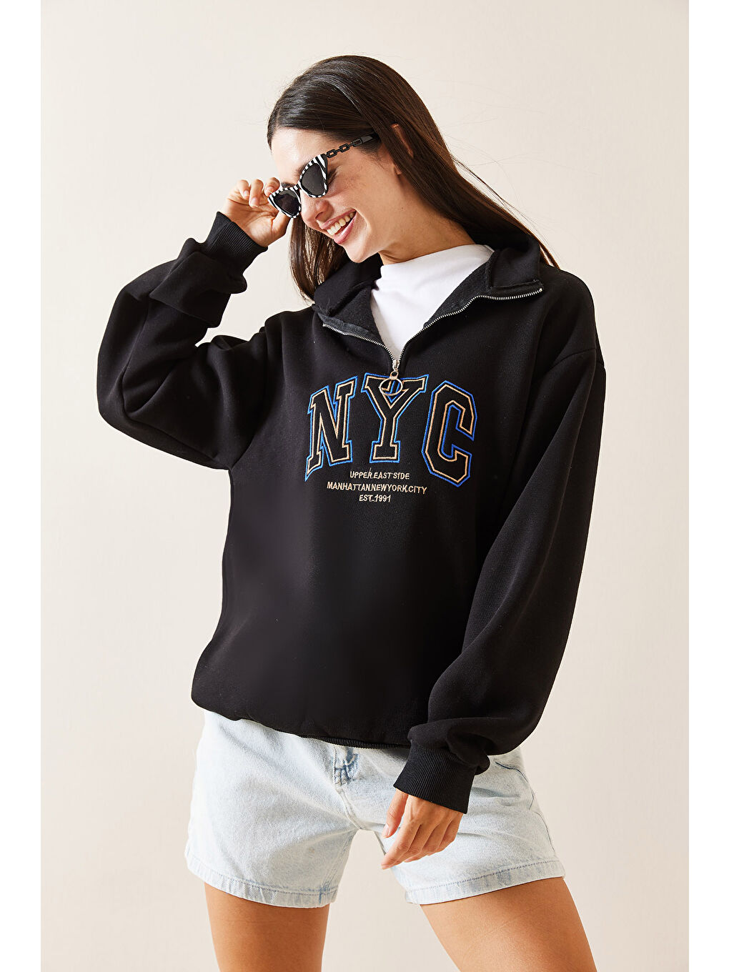 XHAN Siyah Fermuarlı Dik Yaka Sweatshirt 5YXK8-48908-02 - 2