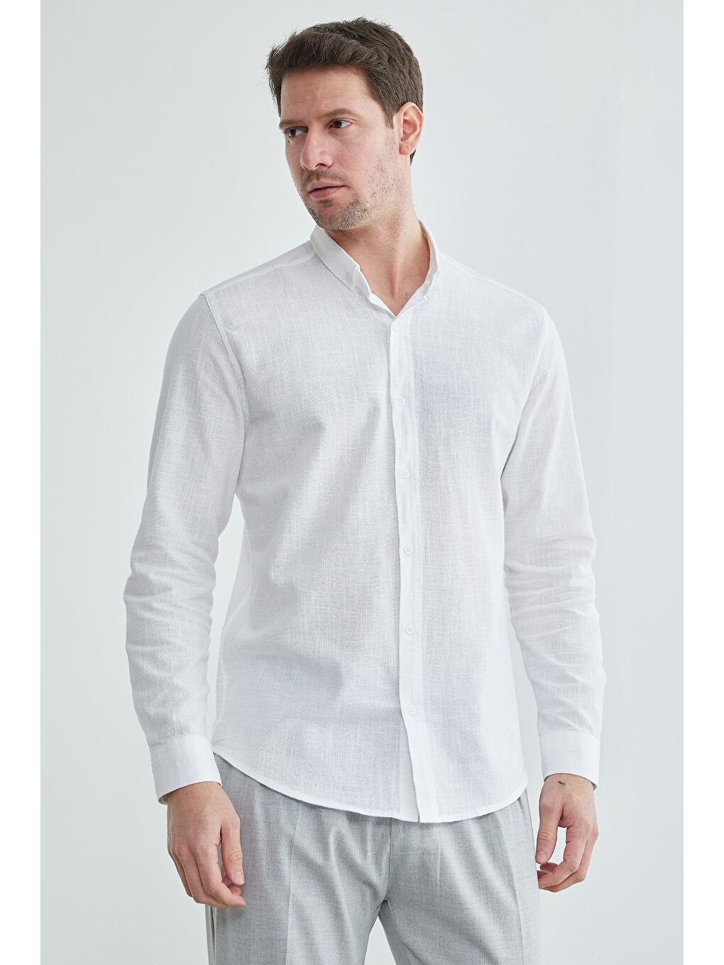 Beyaz Keten Görünümlü Uzun Kollu Gömlek-2