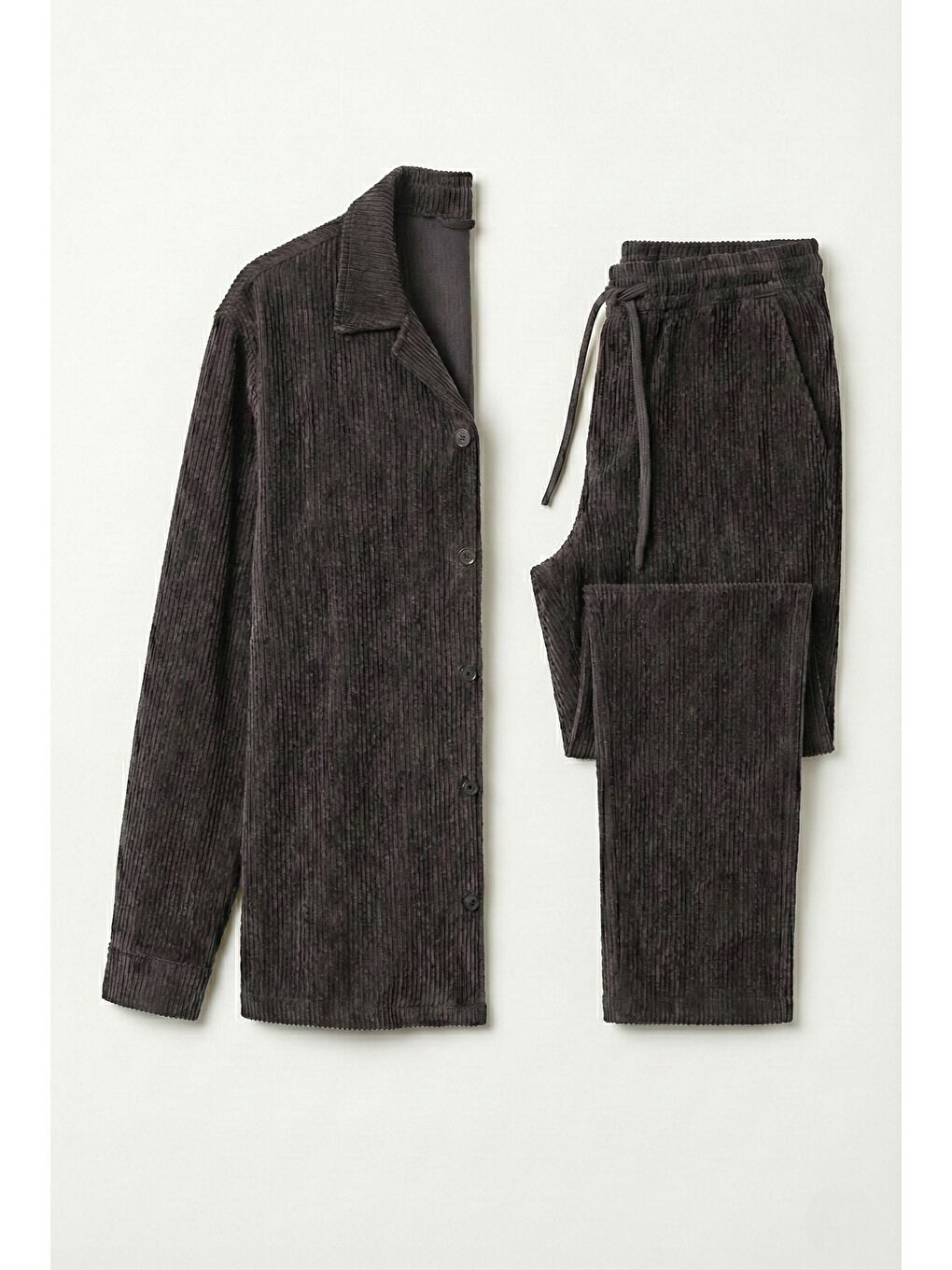 Gri Kadın Premium Fitilli Kumaş Gömlek Pantolon Takımı-1