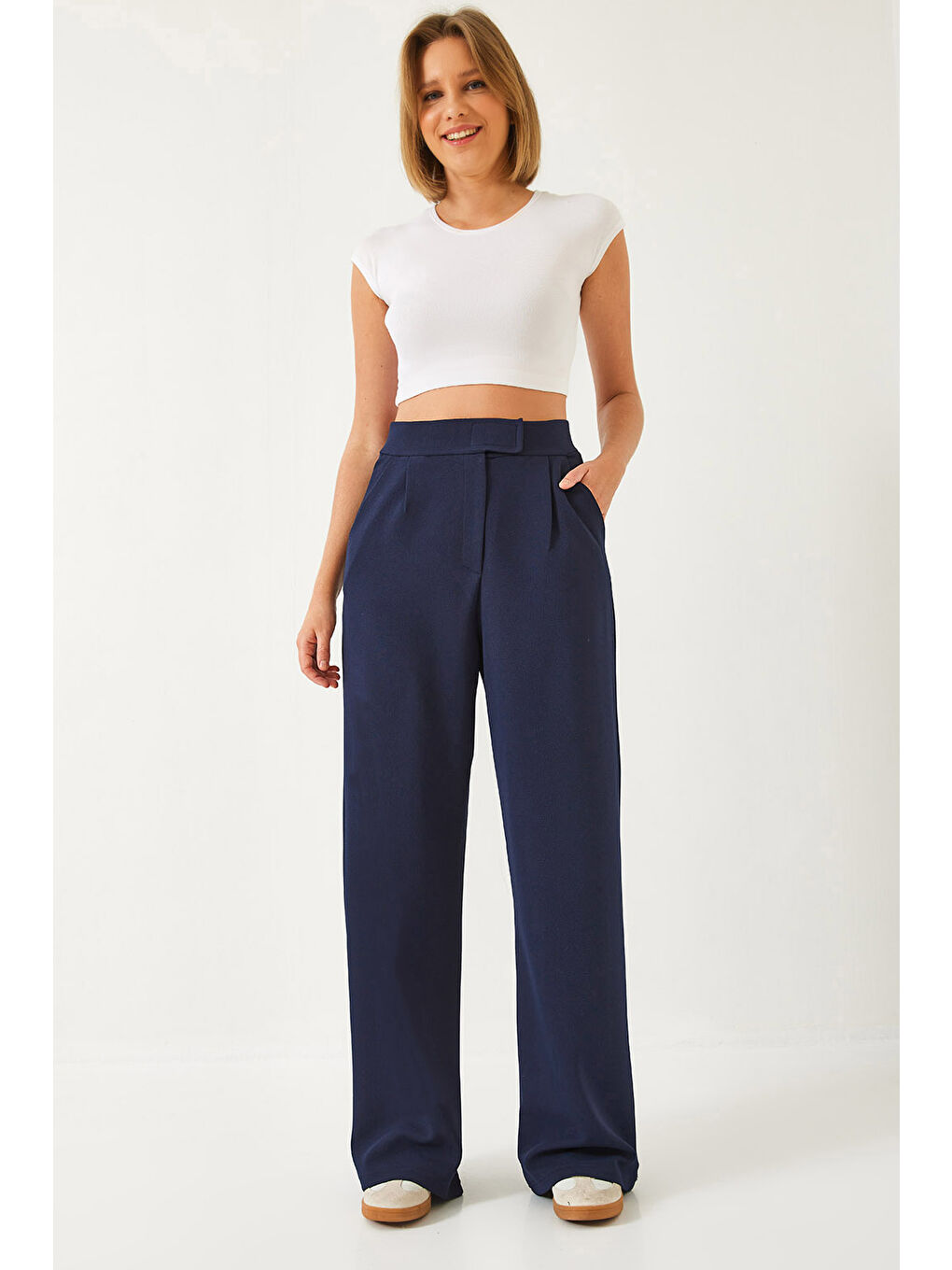 Lacivert Kadın Beli Cırtlı Rahat Palazzo Pantolon
