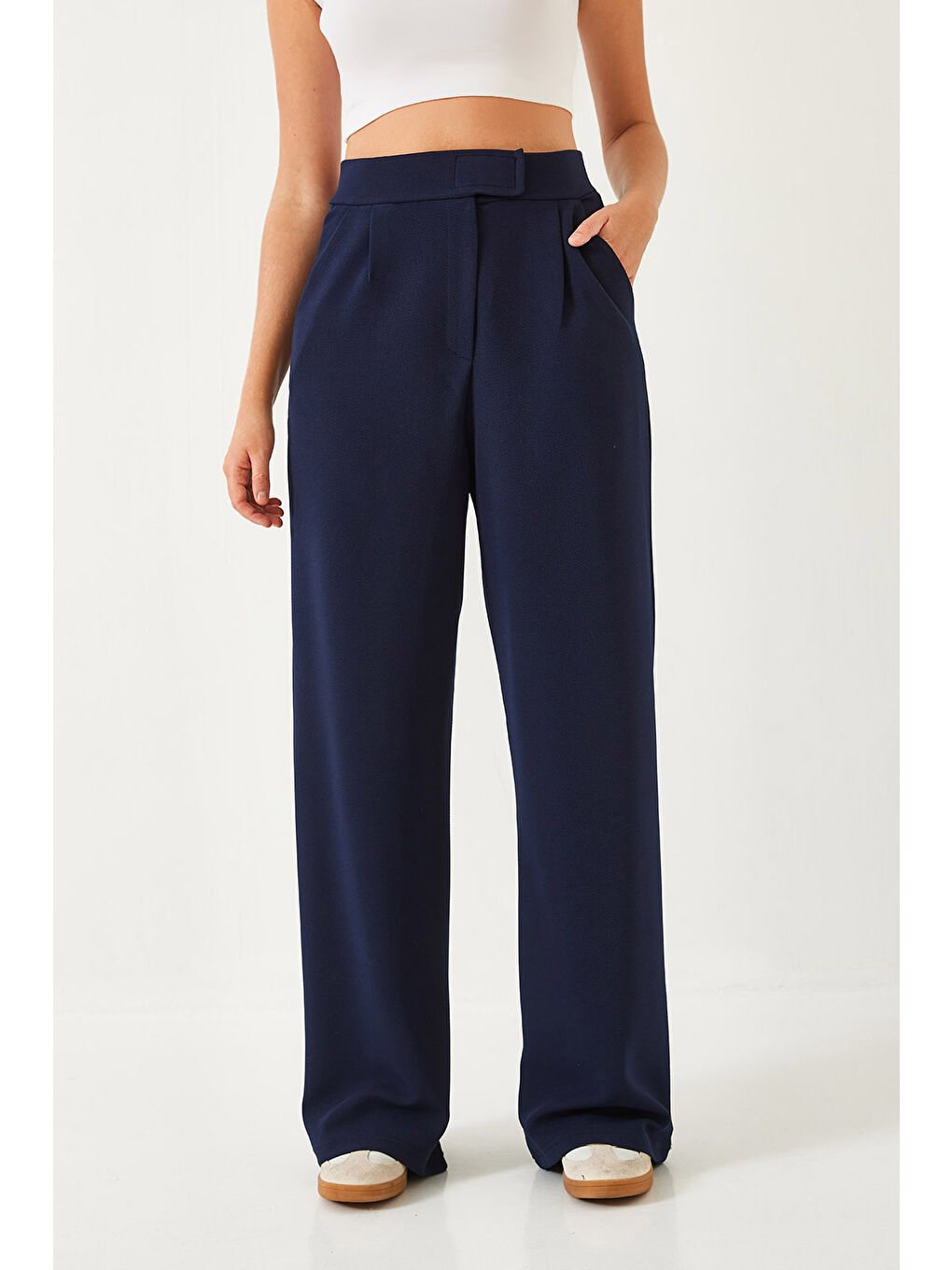 Lacivert Kadın Beli Cırtlı Rahat Palazzo Pantolon-1