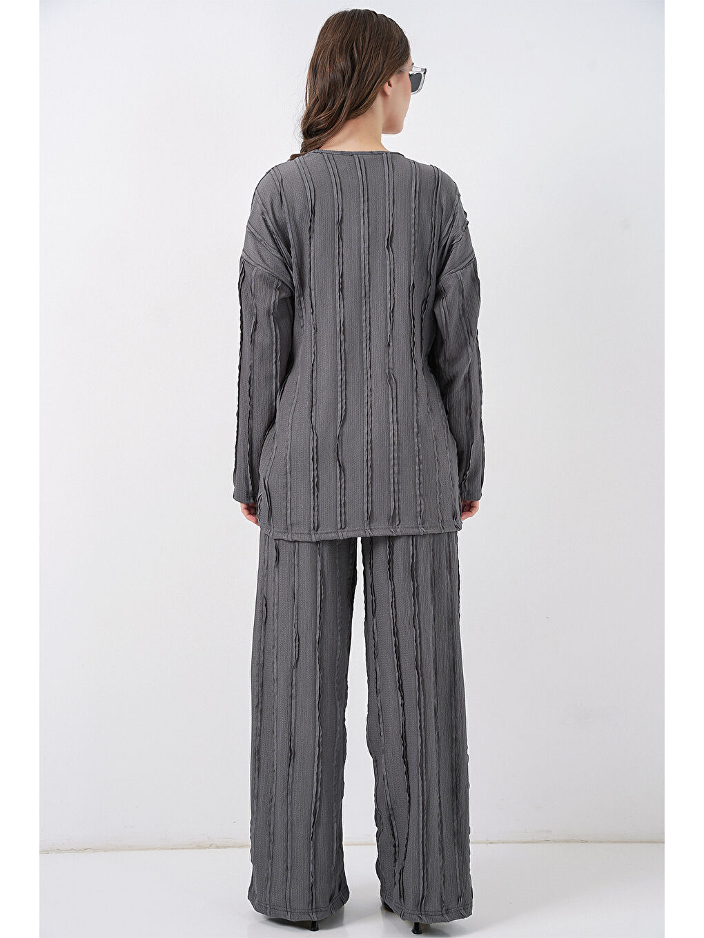 Kadın Örme Kimono Pantolon İkili Takım 30067 - Gri-5