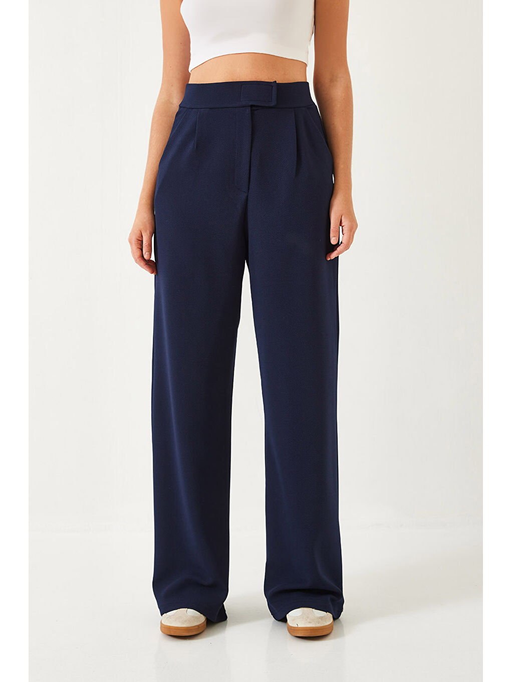 Lacivert Kadın Beli Cırtlı Rahat Palazzo Pantolon-2