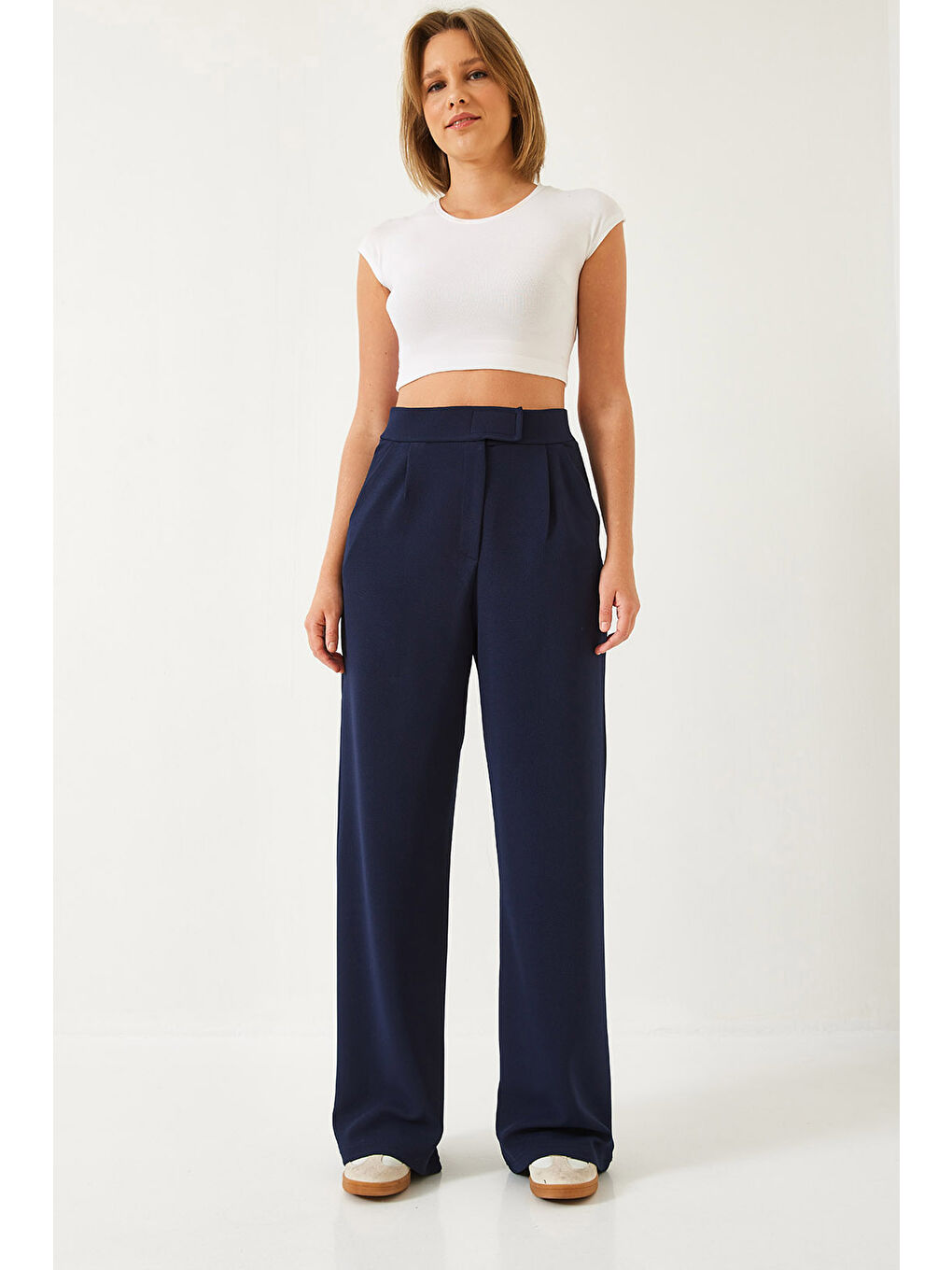Lacivert Kadın Beli Cırtlı Rahat Palazzo Pantolon-3
